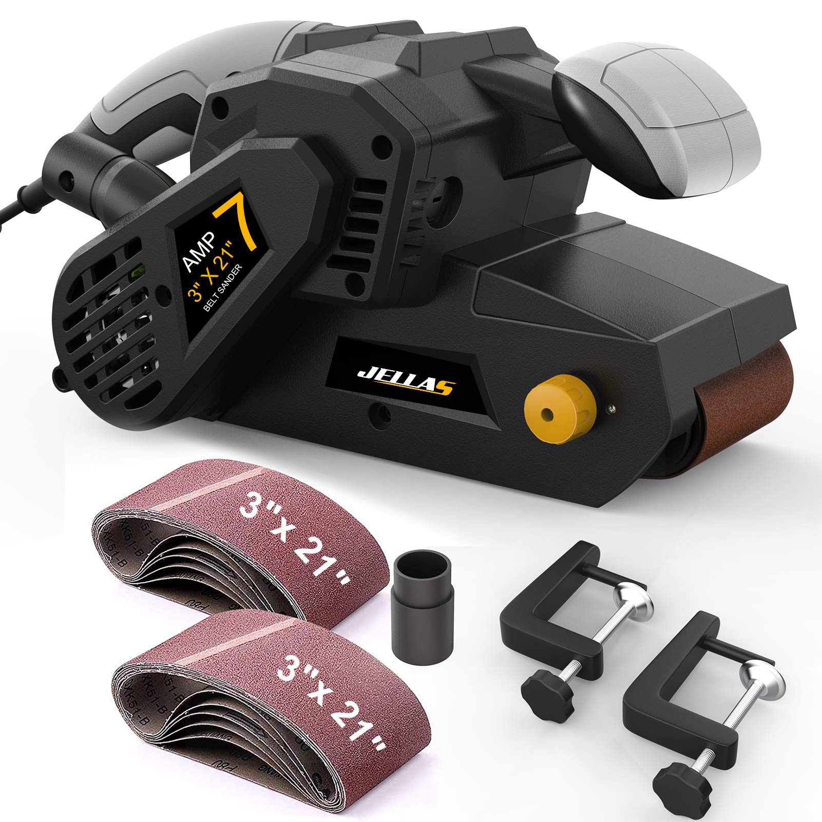 Jellas belt sander front view showing compact design for precise edging