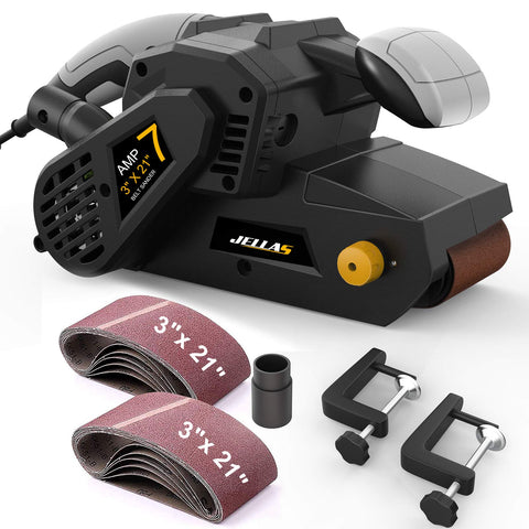 Jellas belt sander front view showing compact design for precise edging