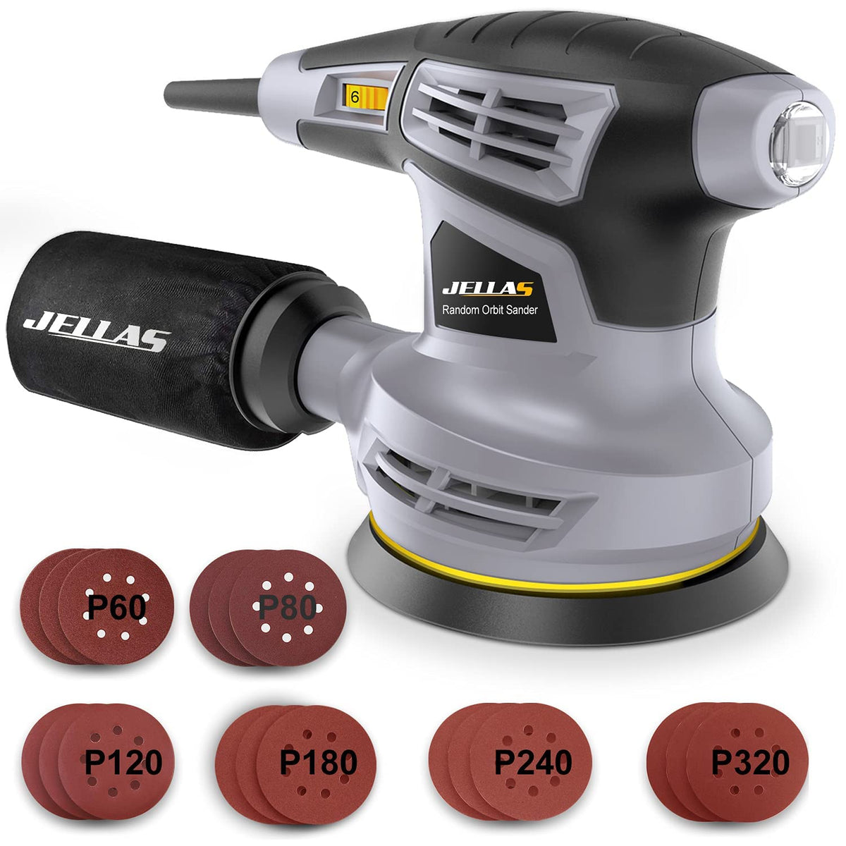 Jellas OS280 5-inch sander with rotating base for smooth, even finish
