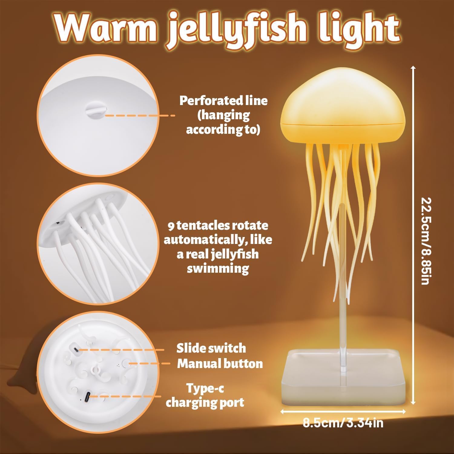 Rechargeable jellyfish lamp with a 1000mAh battery for cordless use.