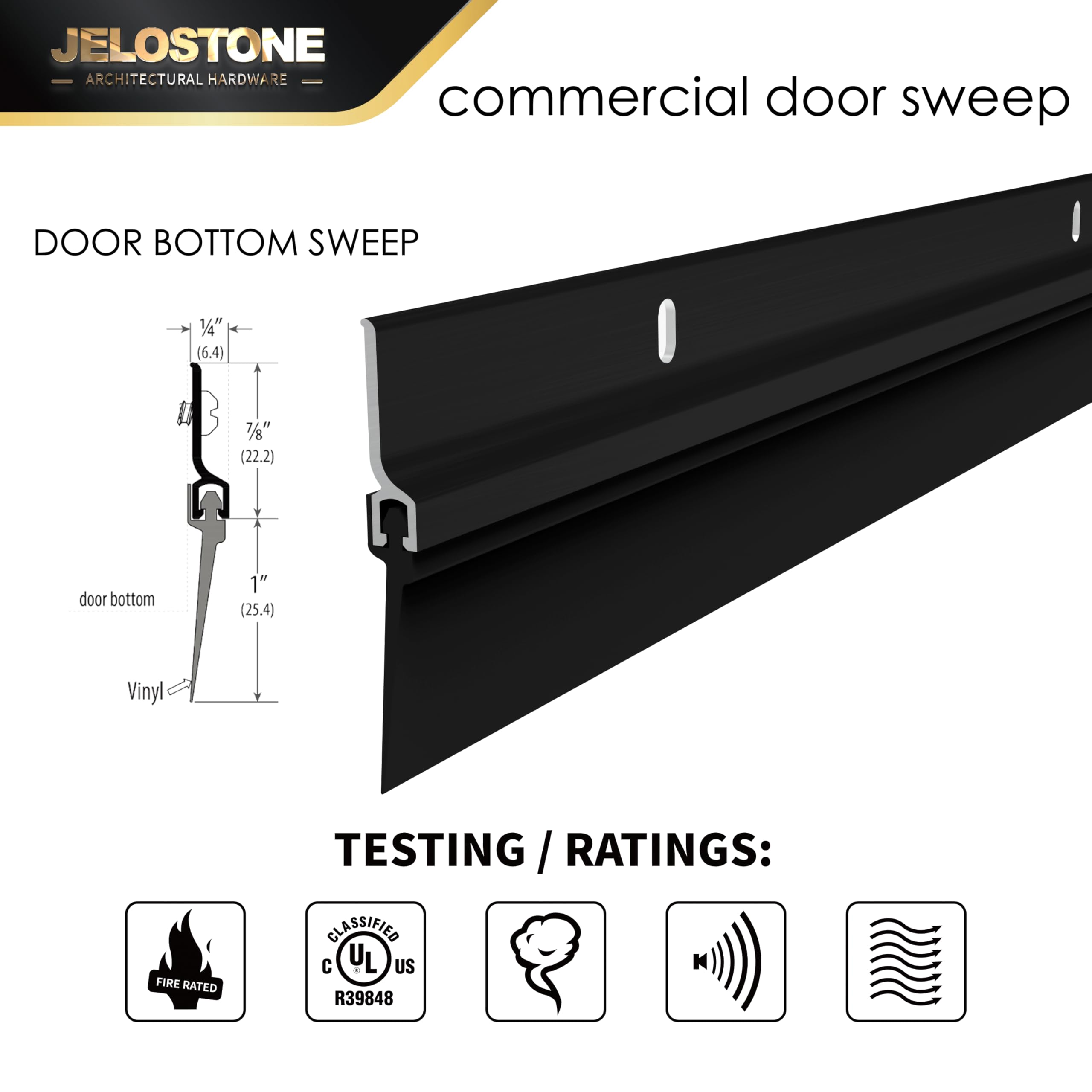JELOSTONE door bottom sweep close-up shows neoprene insert sealing air.