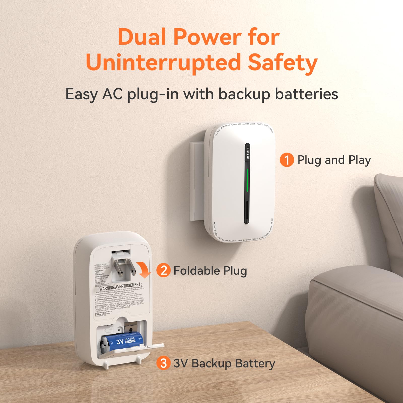 Jemay plug-in CO detector in-bedroom setup blends with decor while monitoring air safety.
