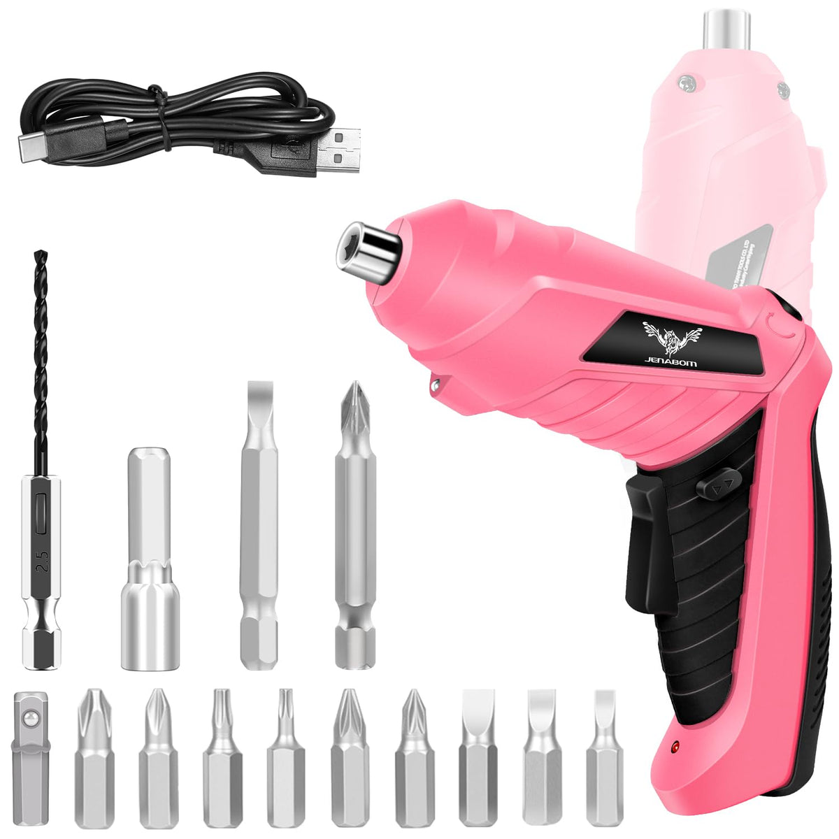 JENABOM 14-in-1 cordless screwdriver front view showing easy handling for home repairs.