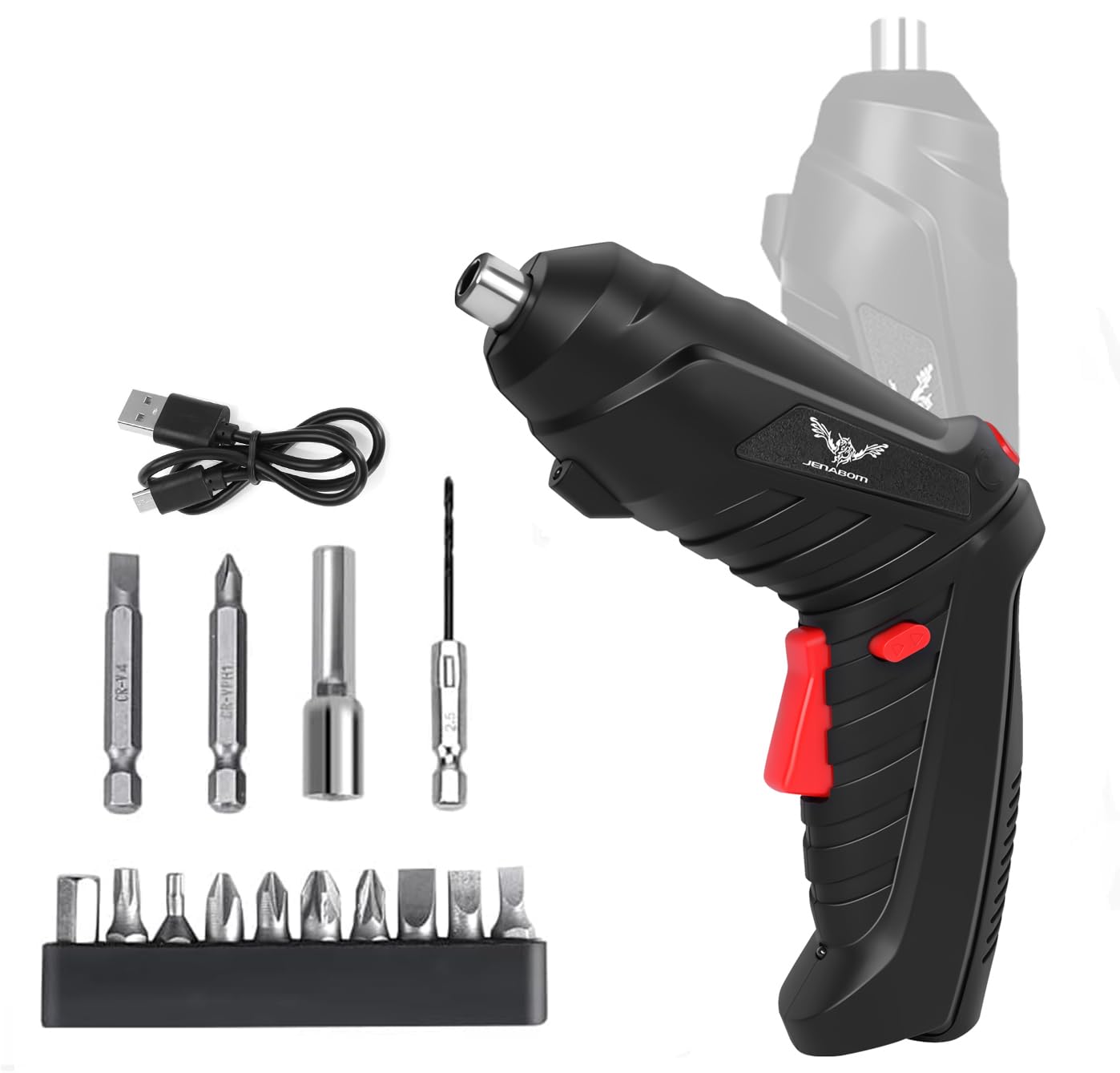 JENABOM 16-in-1 screwdriver front view; compact cordless tool for quick repairs.