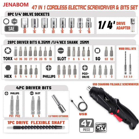 JENABOM screwdriver charging with Micro USB for easy on-the-go power.