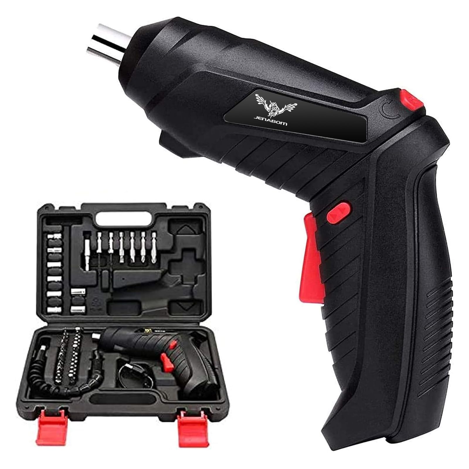 JENABOM Electric Screwdriver with front LED light assists precise work in dim spaces.
