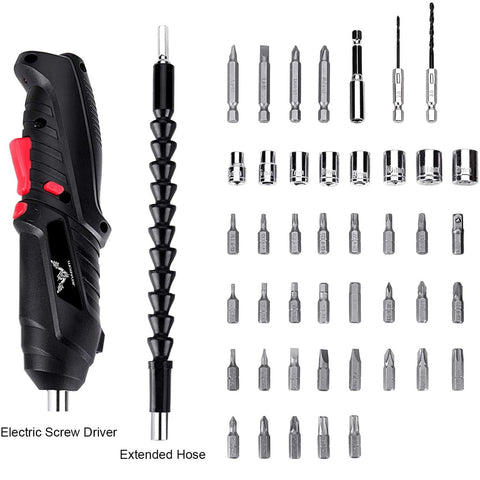 JENABOM Electric Screwdriver showing the 90-degree rotation handle for tight corners.