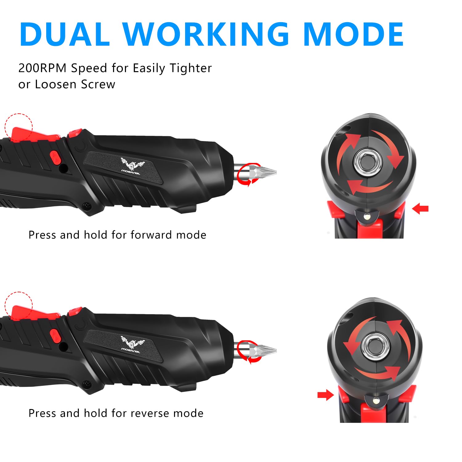 JENABOM forward and reverse buttons enable easy tightening and loosening.