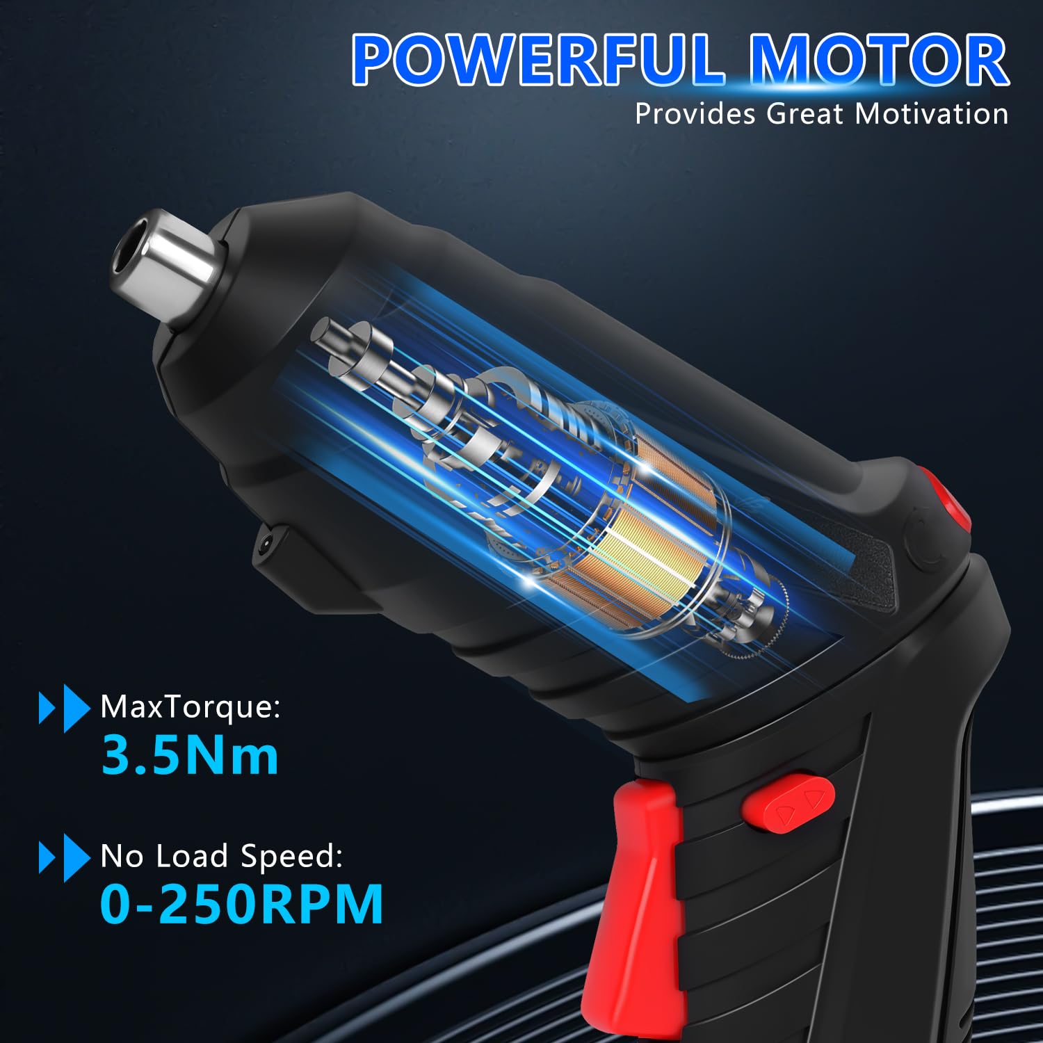 JENABOM cordless screwdriver with LED light for working in dim spaces.