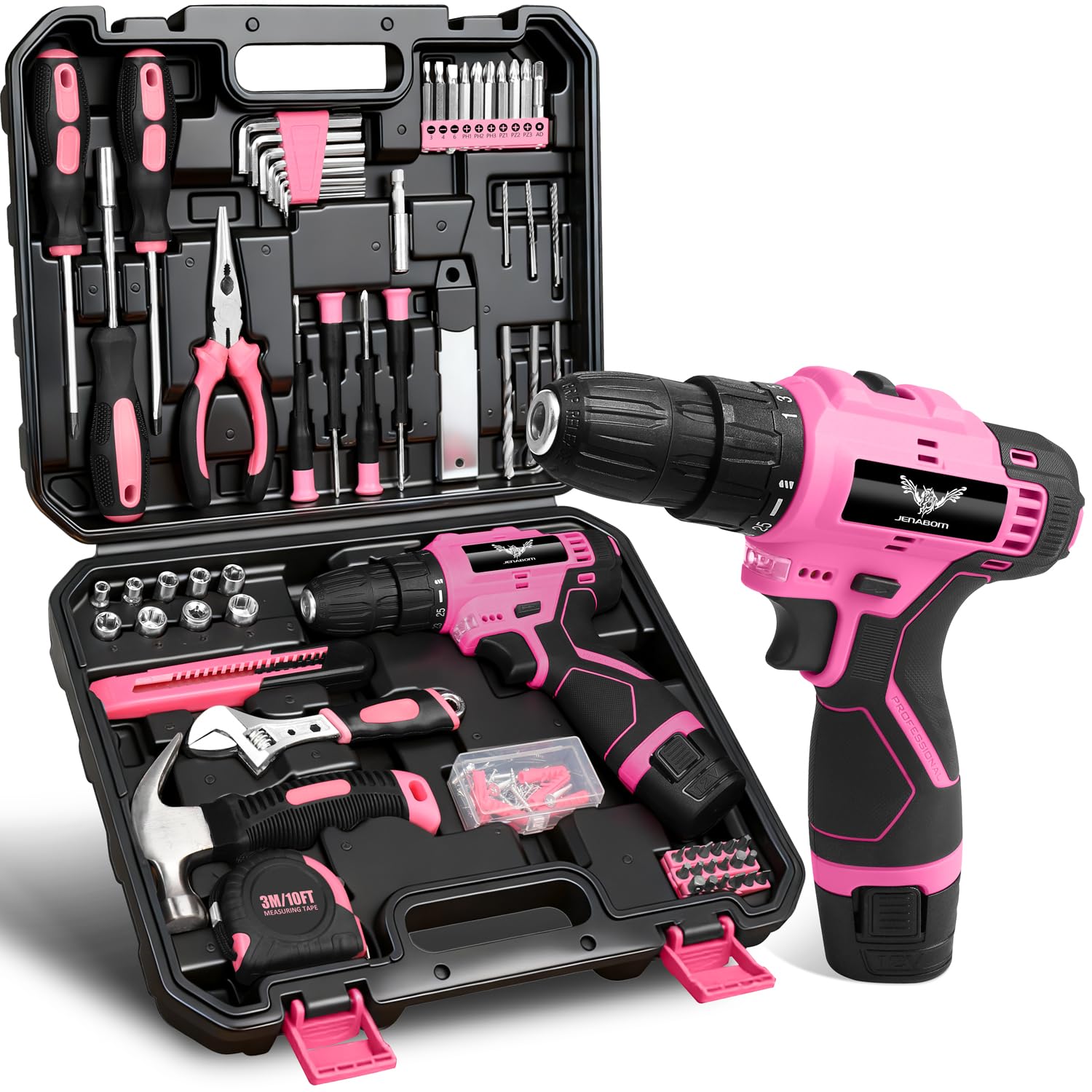 JENABOM pink 12V cordless drill with LED for dim workspaces