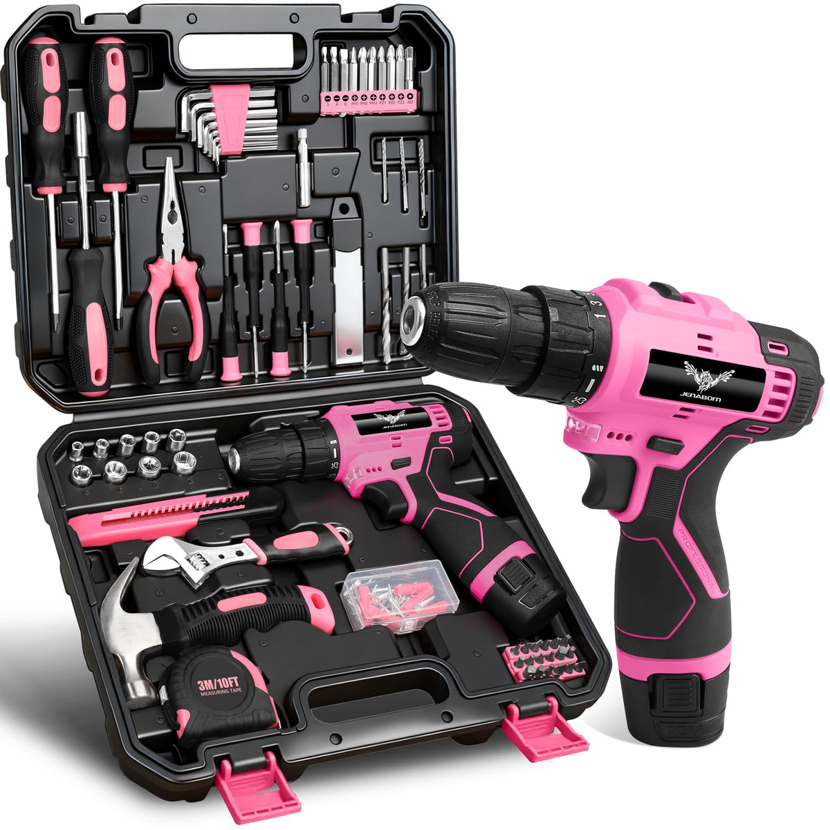 JENABOM pink 12V cordless drill with LED for dim workspaces