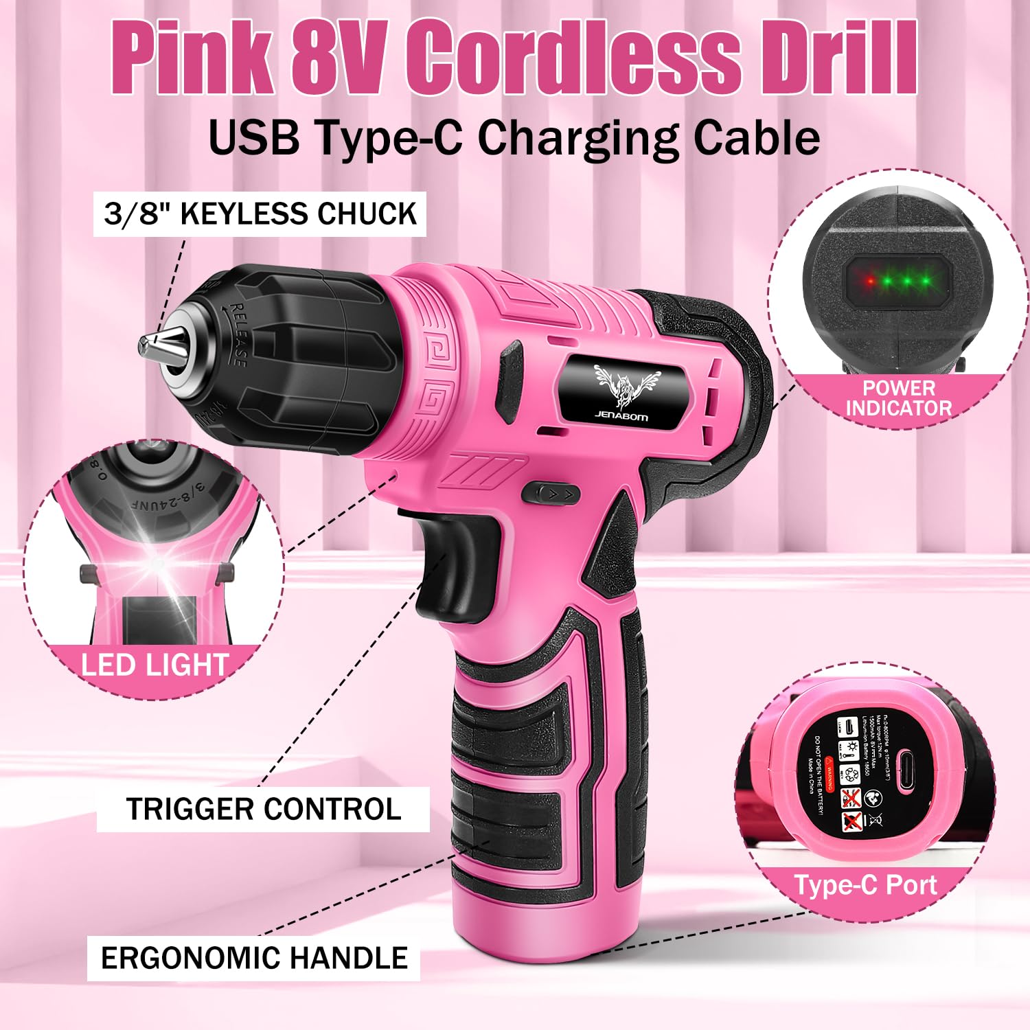 JENABOM pink tool set in a sturdy case for organized DIY projects