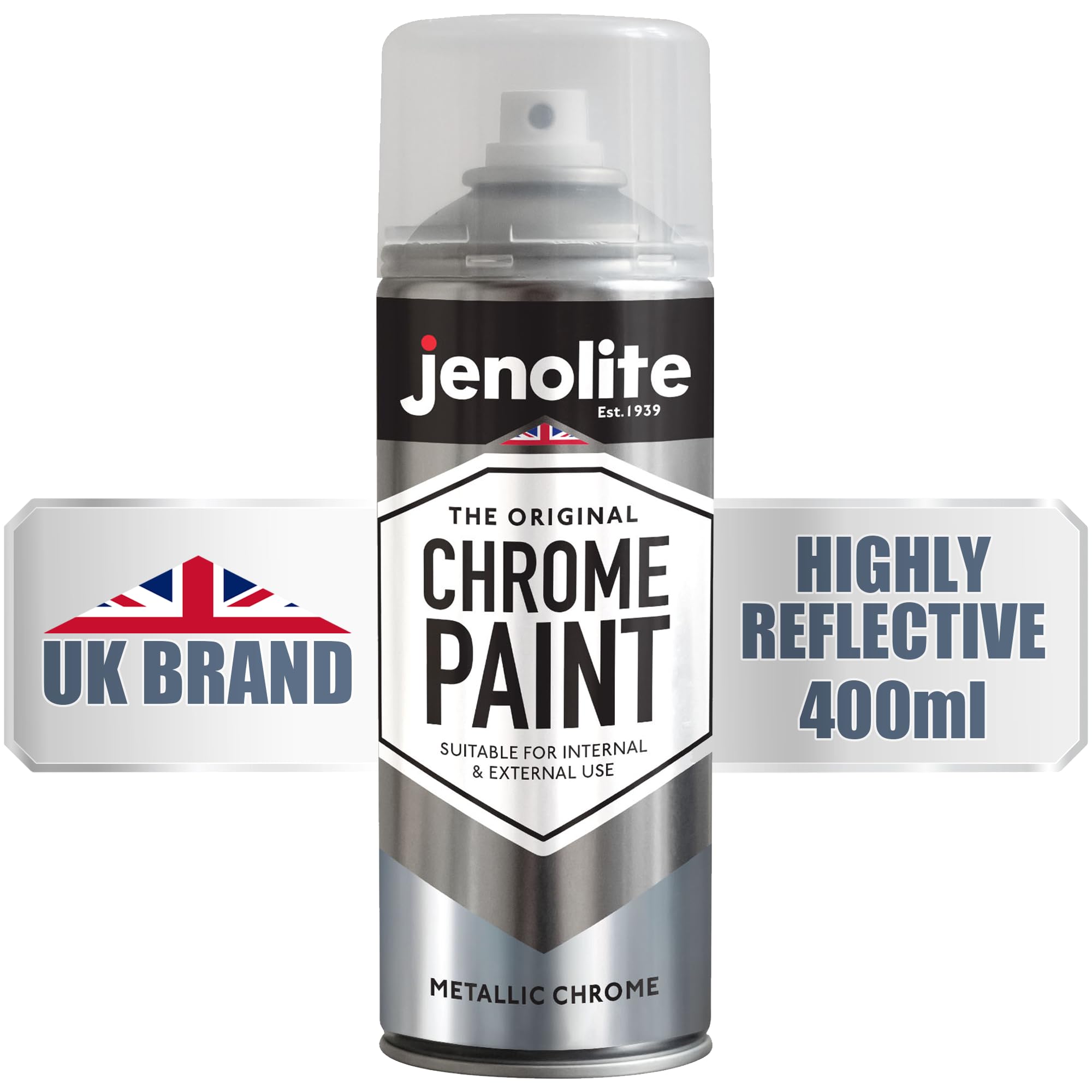 JENOLITE chrome spray paint finish on metal surfaces, durable chrome look for a polished result