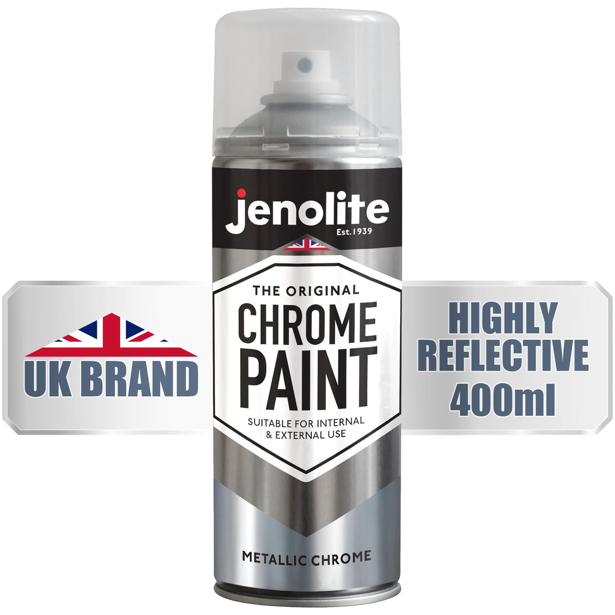 JENOLITE chrome spray paint finish on metal surfaces, durable chrome look for a polished result