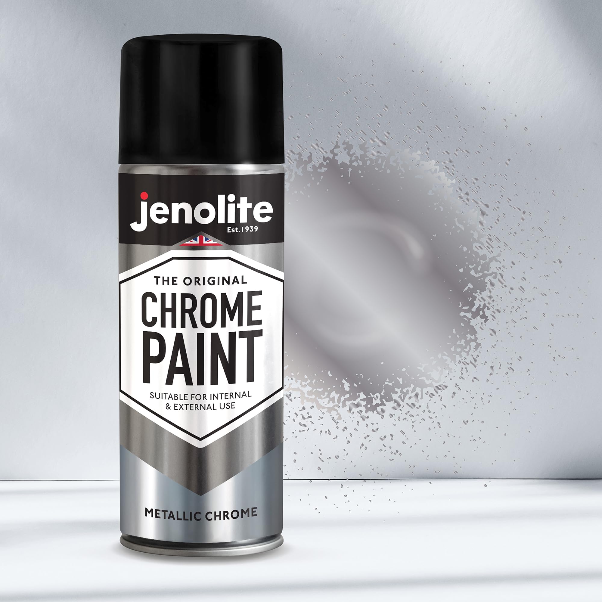 JENOLITE chrome spray paint on glass surface yields bright chrome shimmer