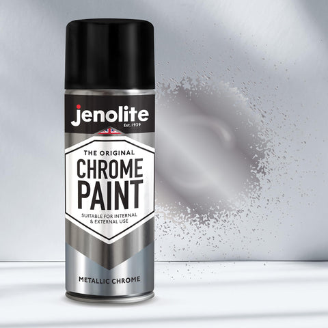 JENOLITE chrome spray paint on glass surface yields bright chrome shimmer