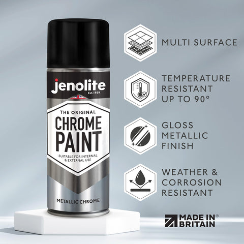 JENOLITE chrome spray paint on metal surface for weather-resistant shine