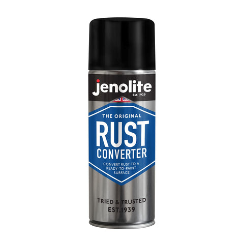 Jenolite rust converter spray transforming rust on metal for a paint-ready finish.