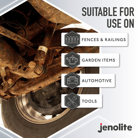 Jenolite rust converter applied from 15–30 cm for even rust transformation.