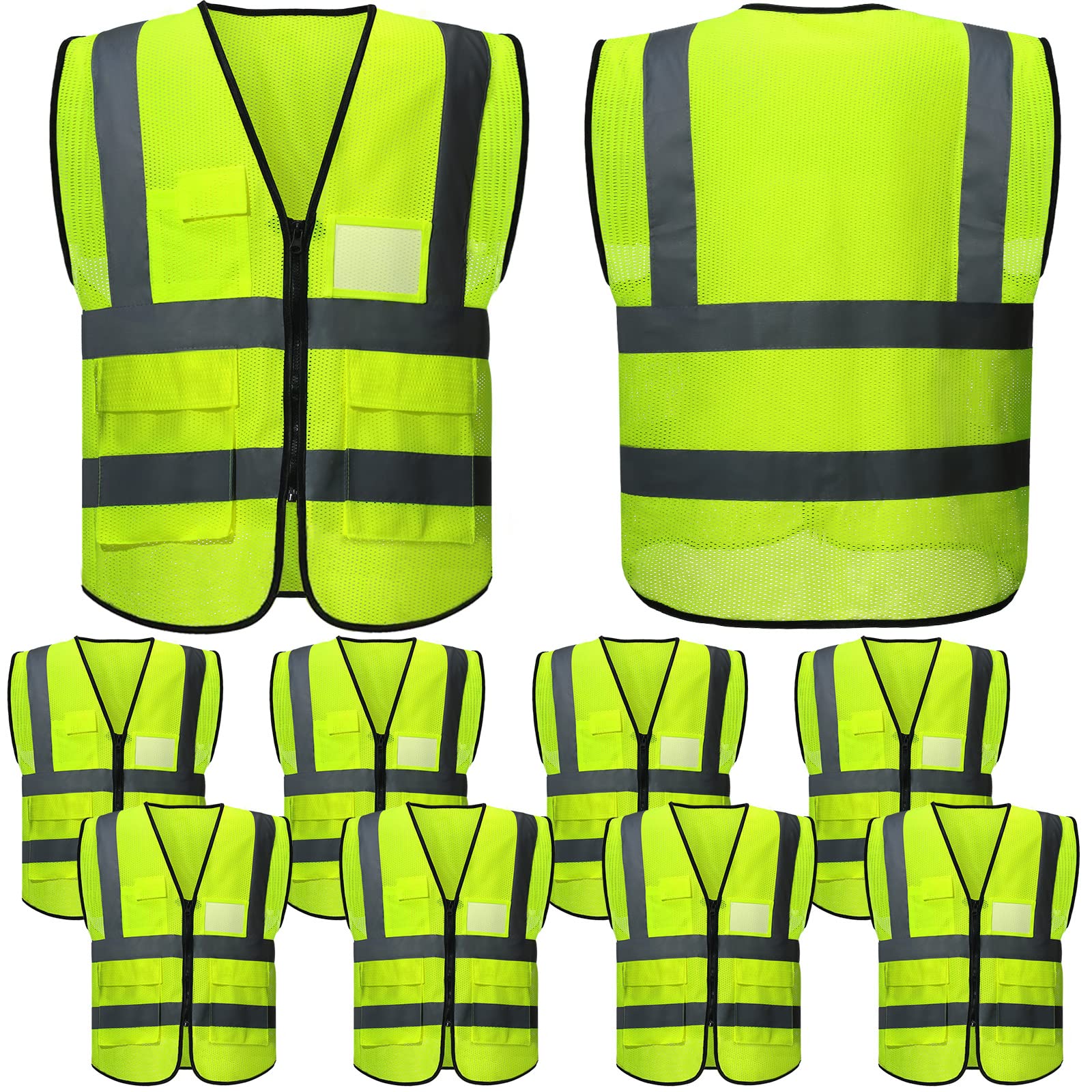 JenPen 10-pack reflective safety vest, front view with 360-degree visibility for day or night work.