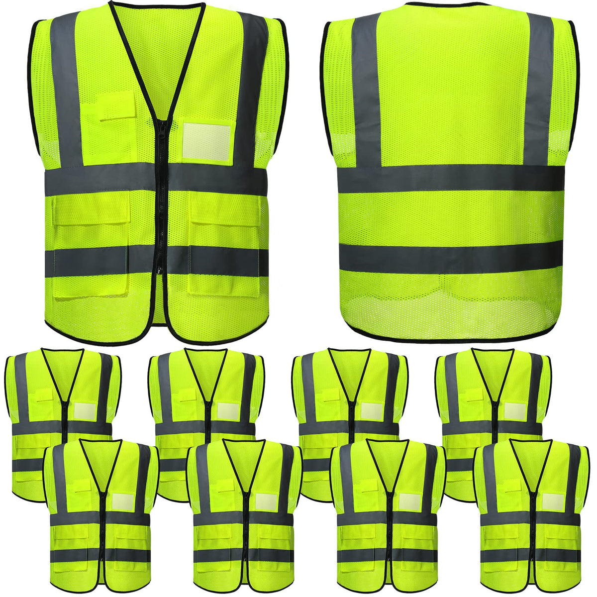 JenPen 10-pack reflective safety vest, front view with 360-degree visibility for day or night work.