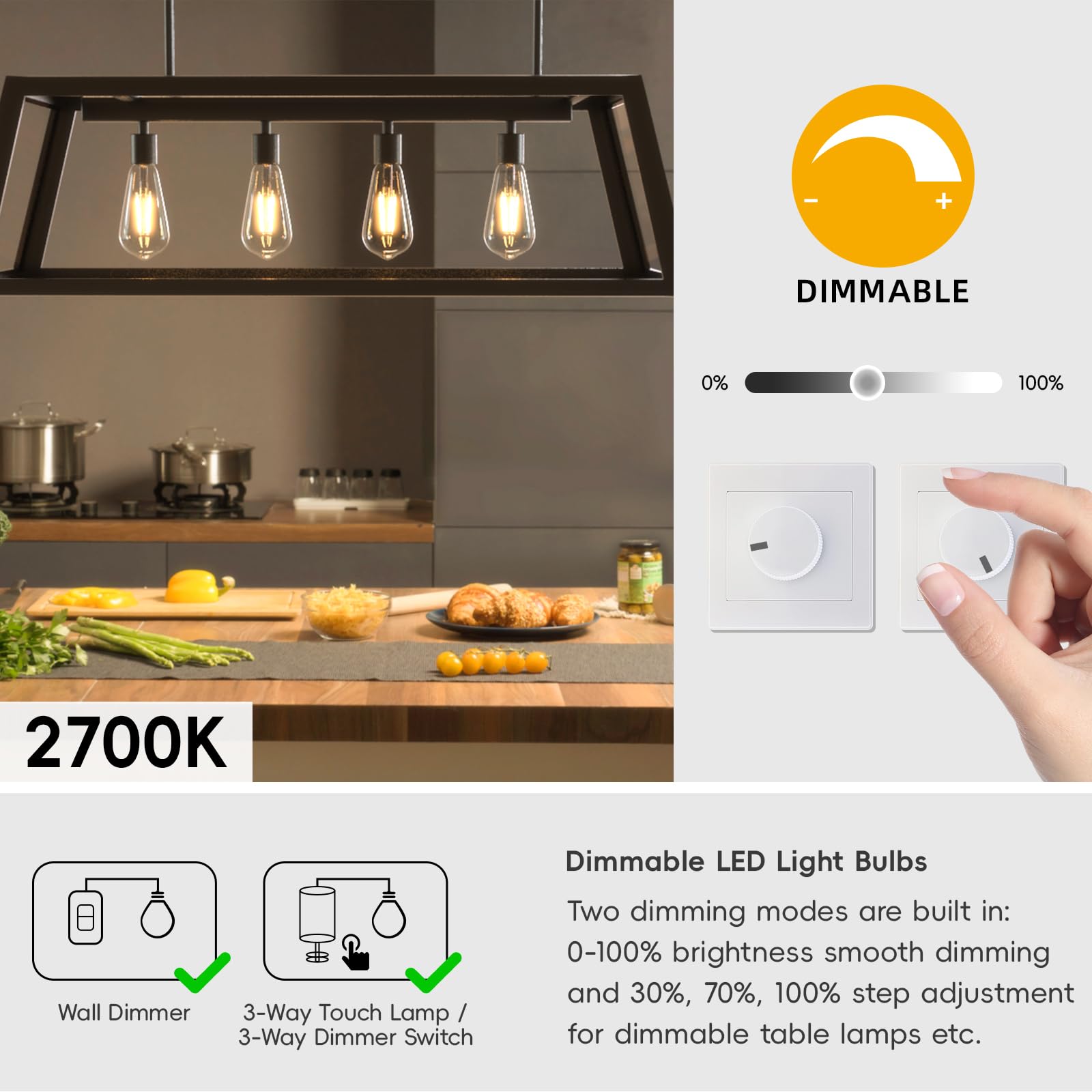 Jensense dimmable Edison bulb supports smooth 0-100% brightness for versatile mood lighting