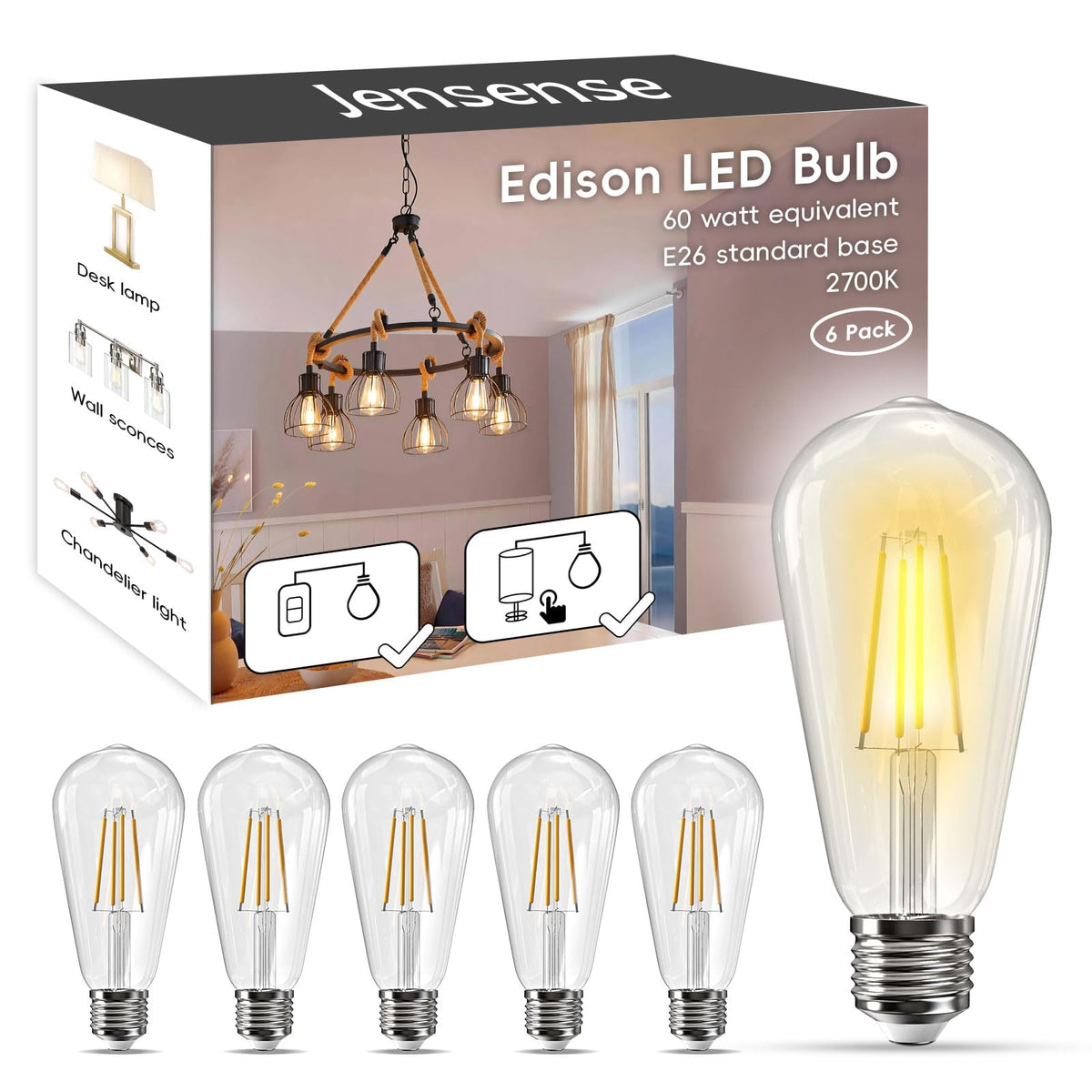 Jensense Edison LED bulb with E26 base offers 60W equivalent brightness in a vintage glass look