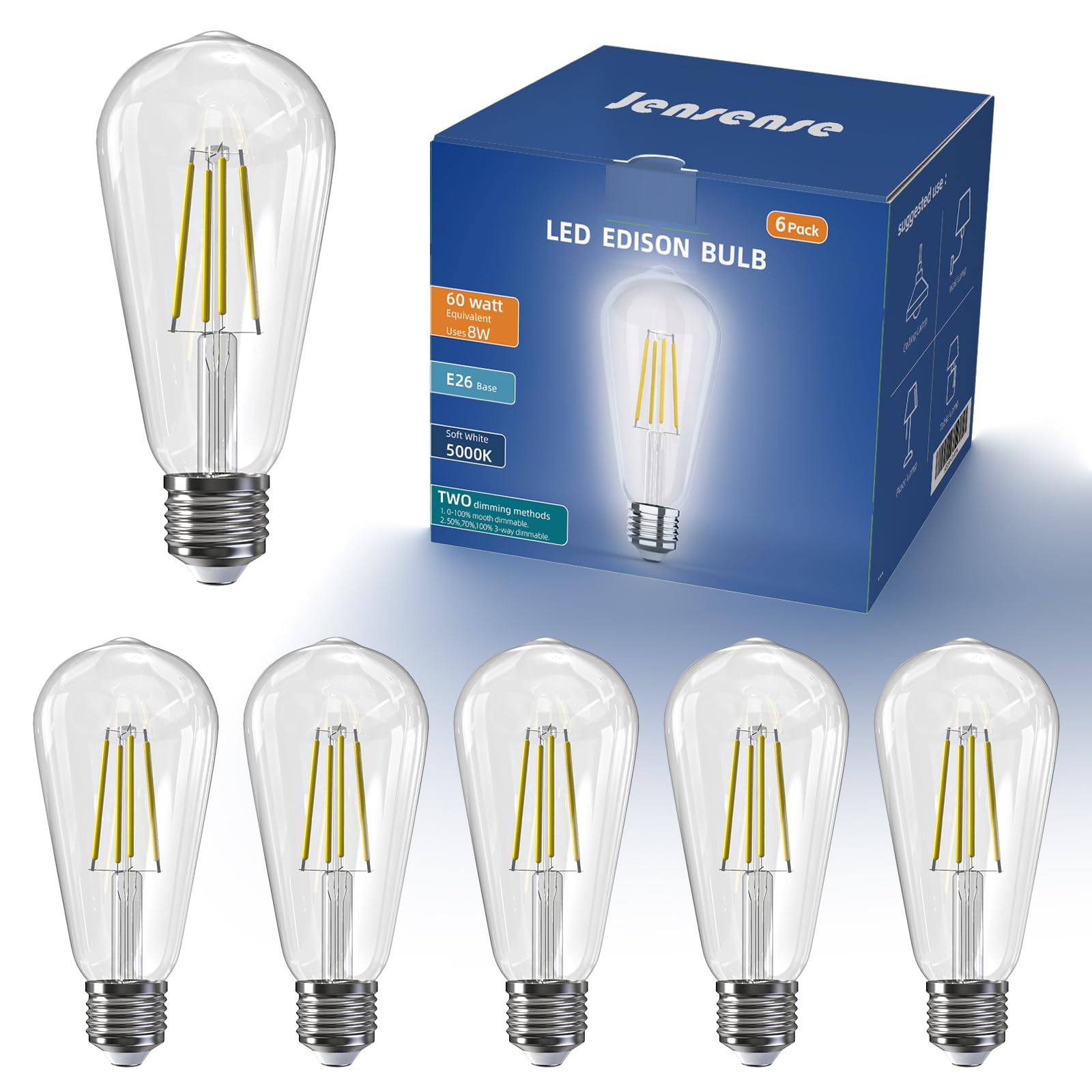 Jensense LED Edison bulbs with clear glass, 6-pack, ideal for vintage fixtures.