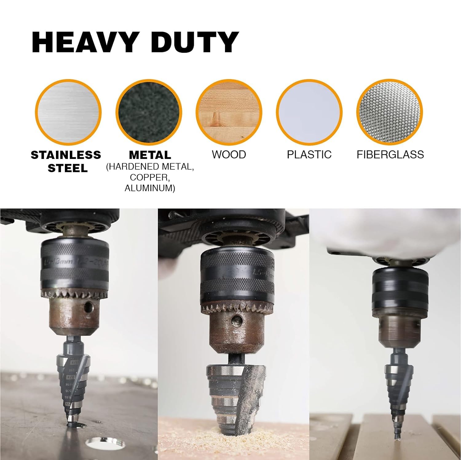 Jerax tools M2 HSS step drill bit in heavy-duty use across stainless steel and other metals