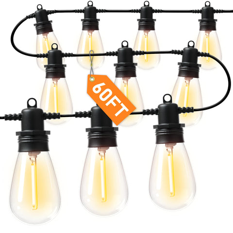Jerritte 60ft LED outdoor string lights illuminate patios with warm ambience.