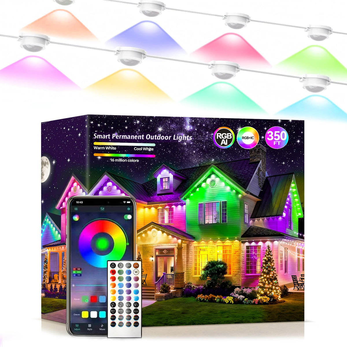Jeryyen permanent outdoor lights illuminate 350ft for patios and decks with even brightness.