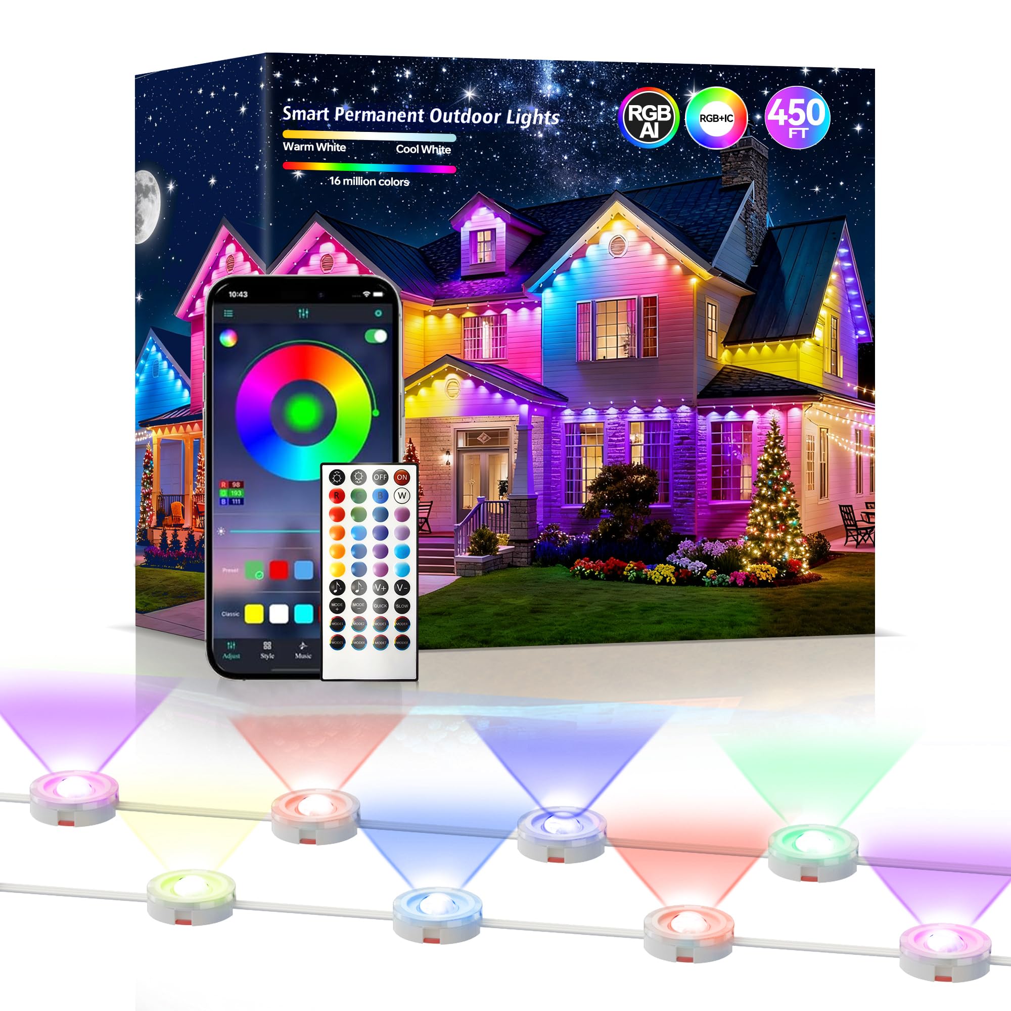 Jeryyen 450ft RGBIC outdoor lights illuminate a backyard for celebrations.