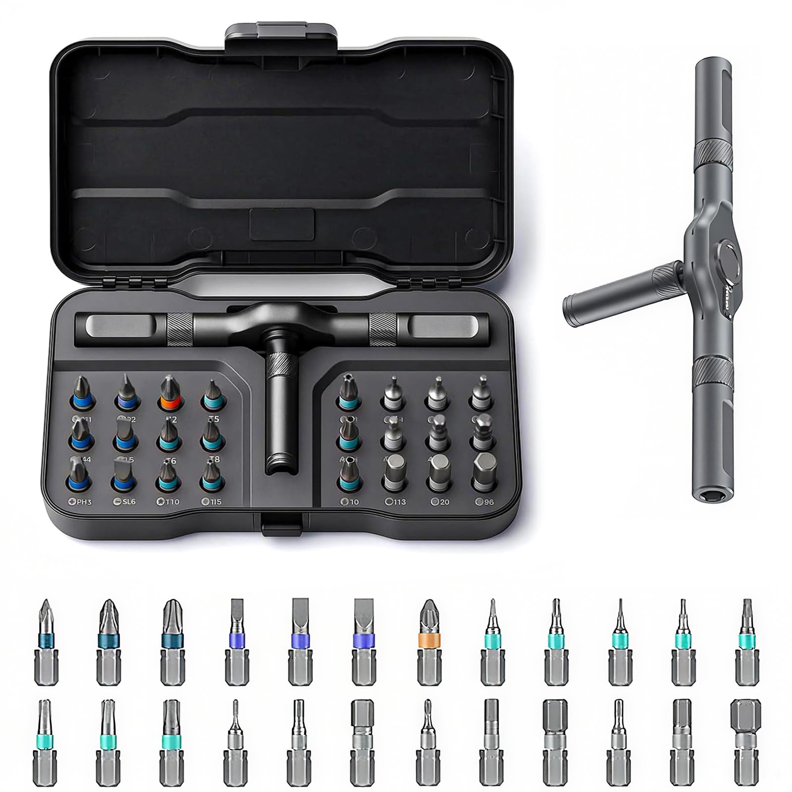JESRYTOUR 24-in-1 screwdriver with magnetic bits for quick furniture and electronics fixes.