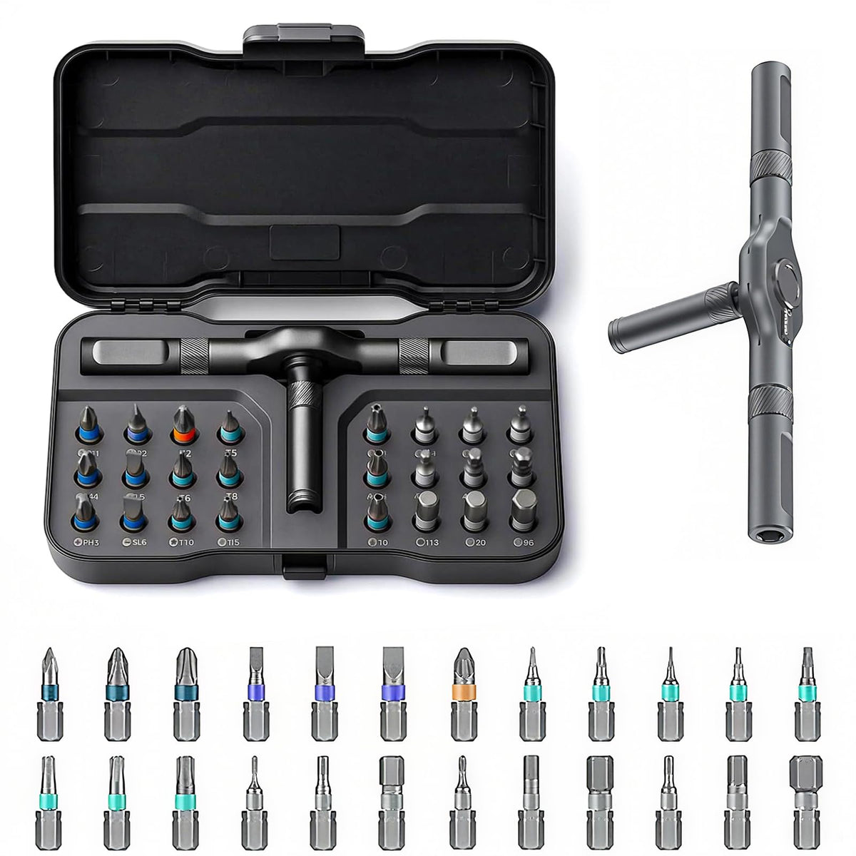 JESRYTOUR 24-in-1 screwdriver with magnetic bits for quick furniture and electronics fixes.