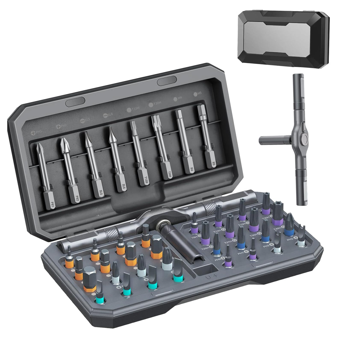 JESRYTOUR 42-in-1 magnetic ratchet screwdriver set front view with versatile bit options.