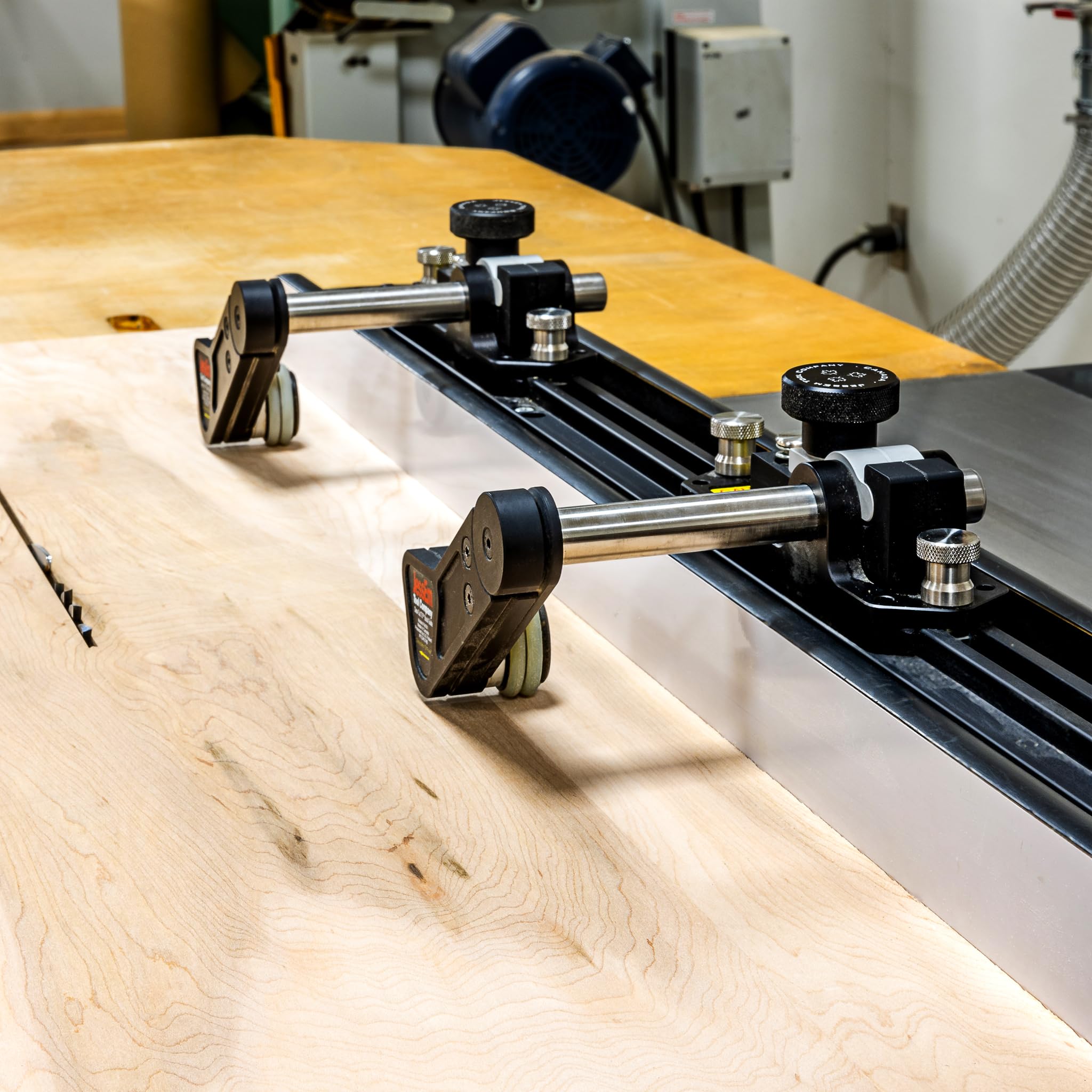 JessEm spring-loaded roller arms hold workpieces firmly during cuts.