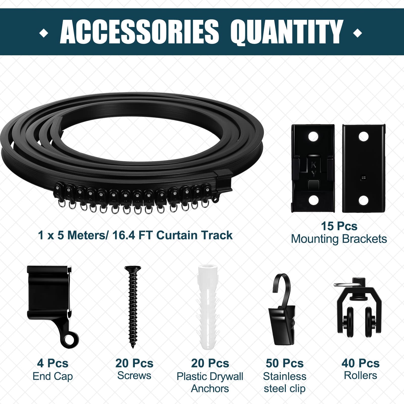Jetec track with rollers and brackets enables smooth curtain movement.