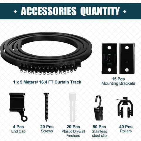 Jetec track with rollers and brackets enables smooth curtain movement.
