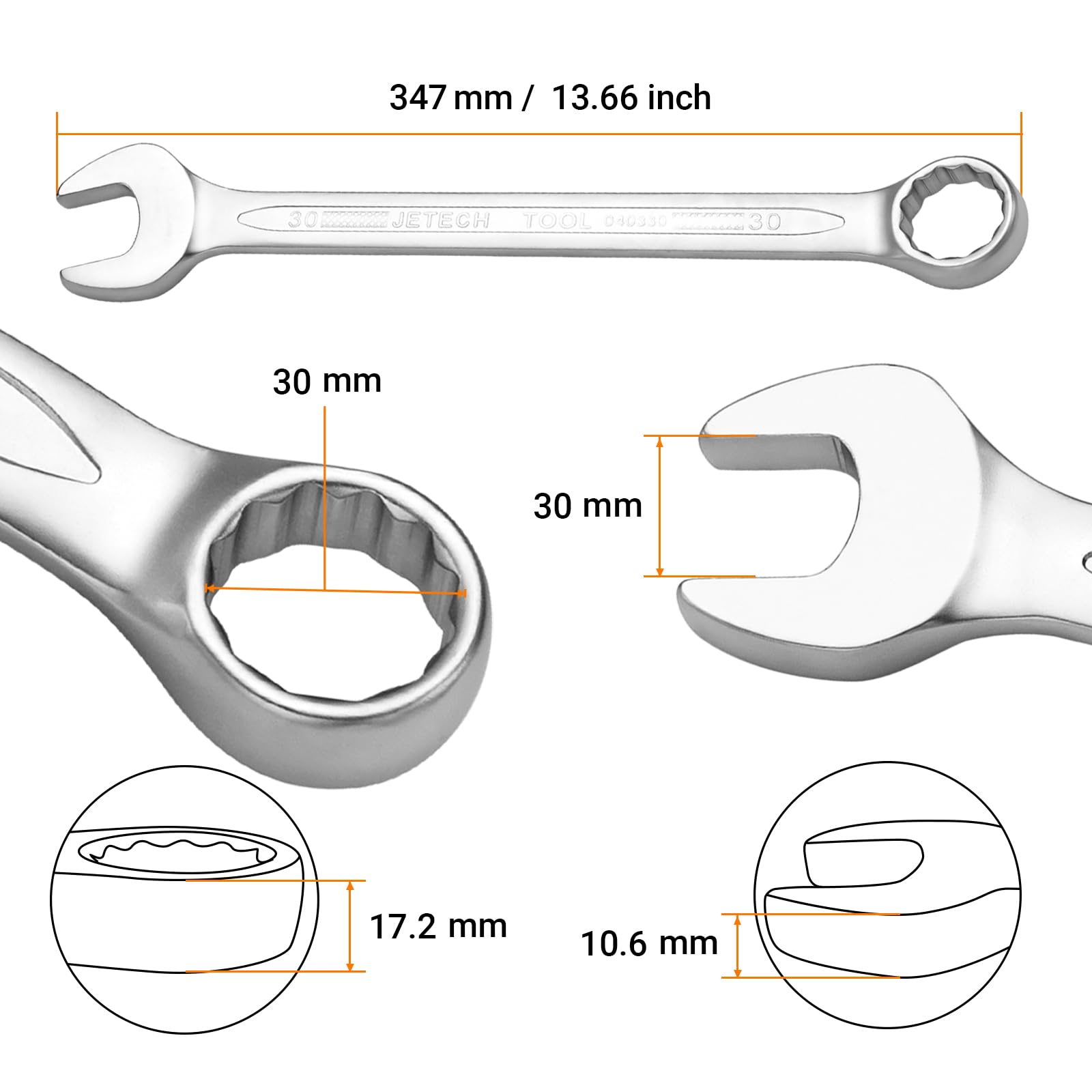 Jetech 30mm wrench showing the precise 12-point opening for secure fastener engagement.