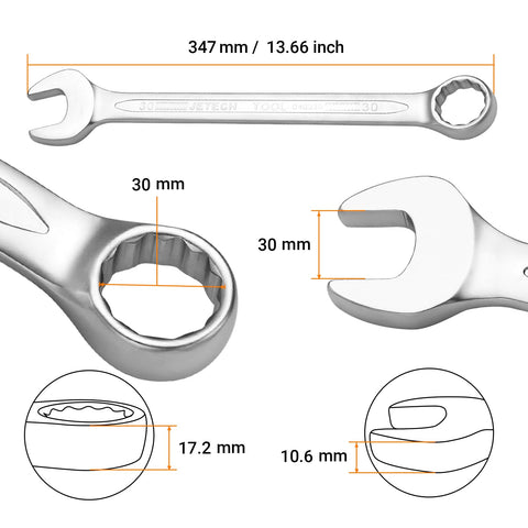 Jetech 30mm wrench showing the precise 12-point opening for secure fastener engagement.