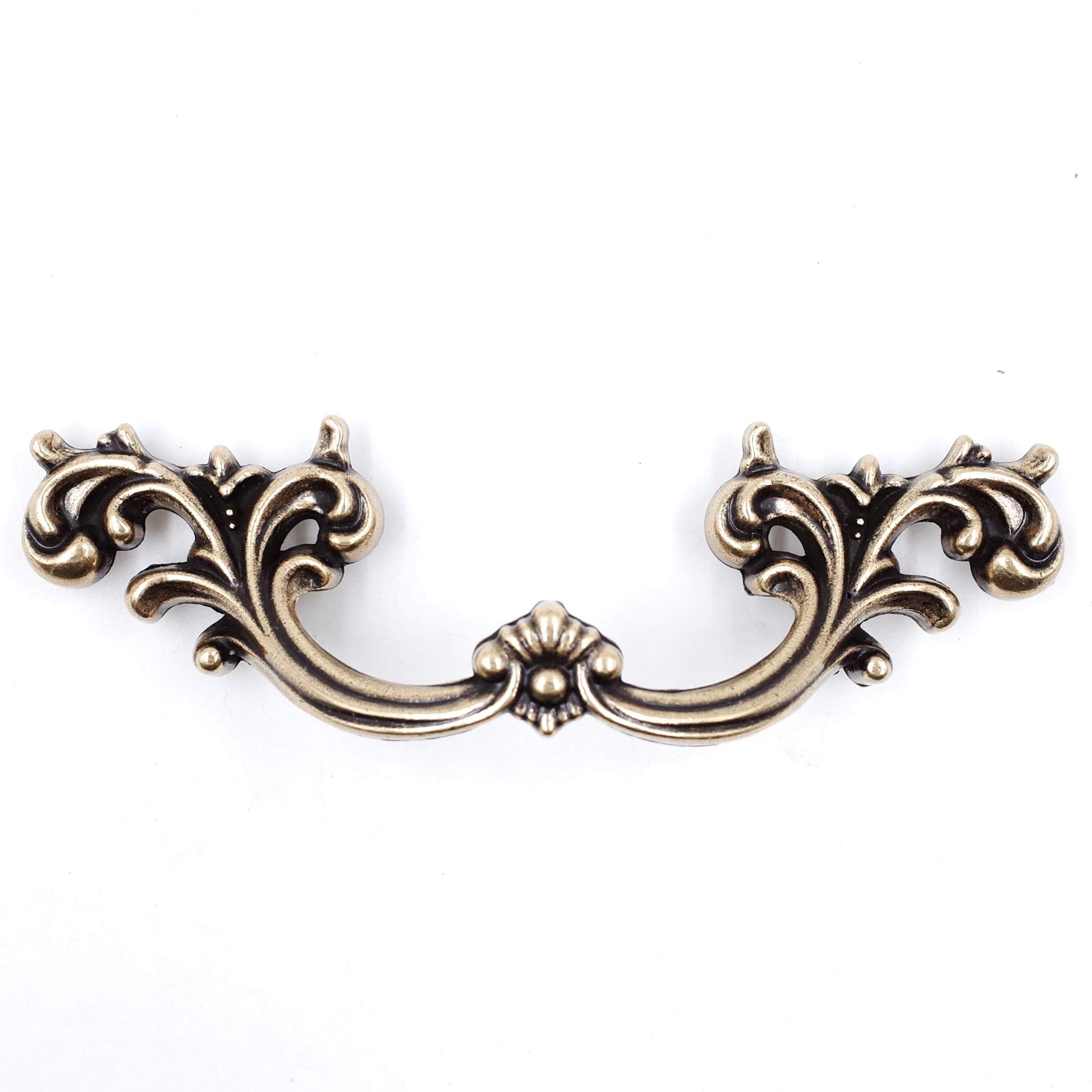 Jetland drawer pulls antique brass finish with two-and-a-half-inch hole centers for cabinet updates.