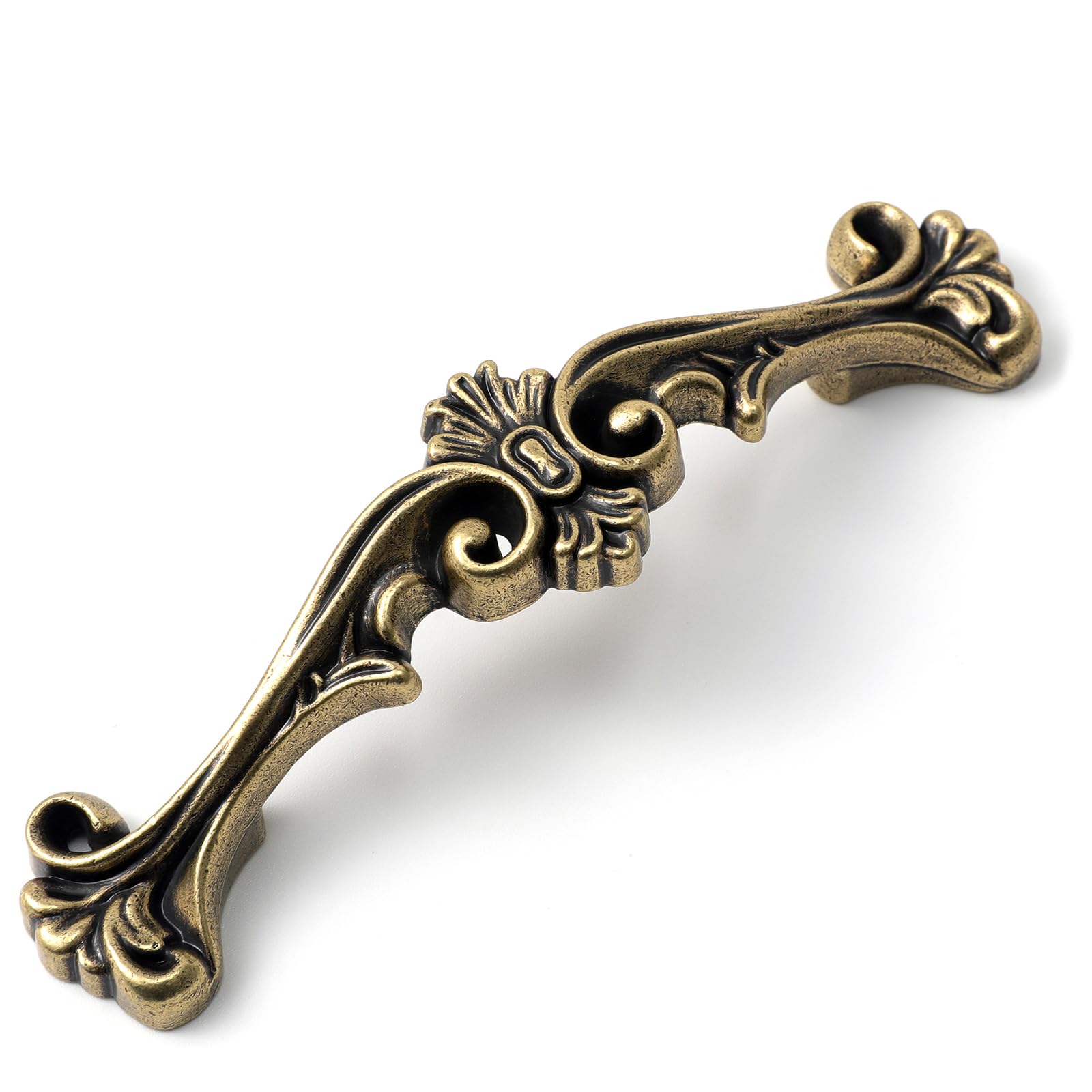 Jetland traditional antique cabinet hardware in antique brass with 3-inch centers.