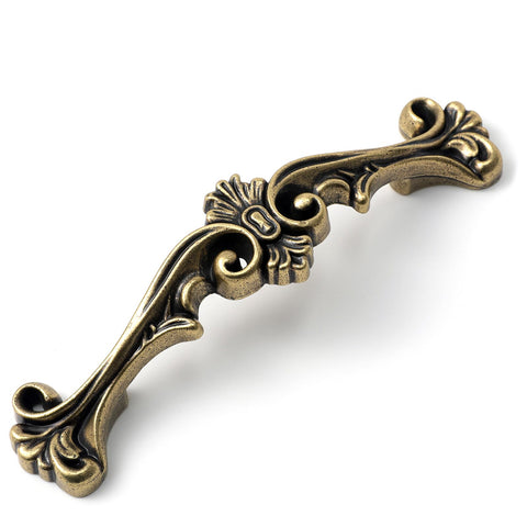 Jetland traditional antique cabinet hardware in antique brass with 3-inch centers.