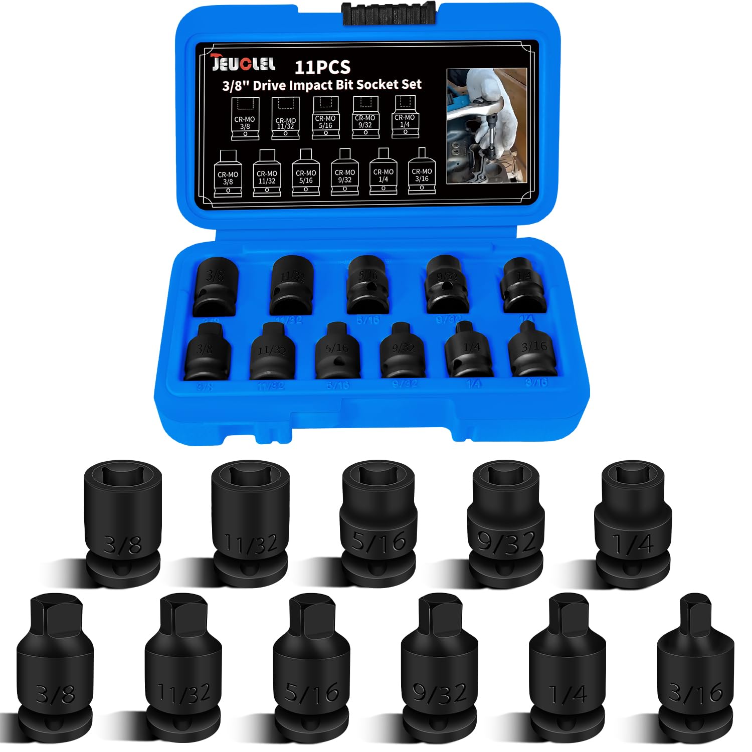 JEUCLEL 11-piece 3/8 drive set in case for organized storage and quick access