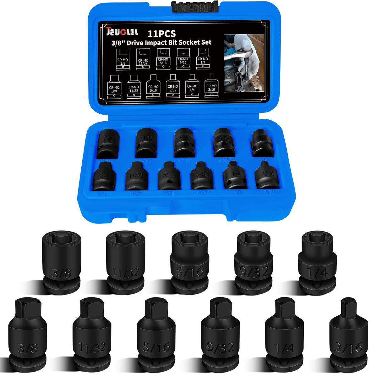 JEUCLEL 11-piece 3/8 drive set in case for organized storage and quick access