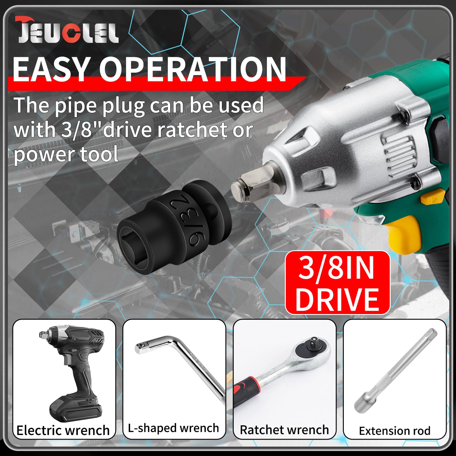 JEUCLEL compatible with 3/8 drive ratchets for versatile use