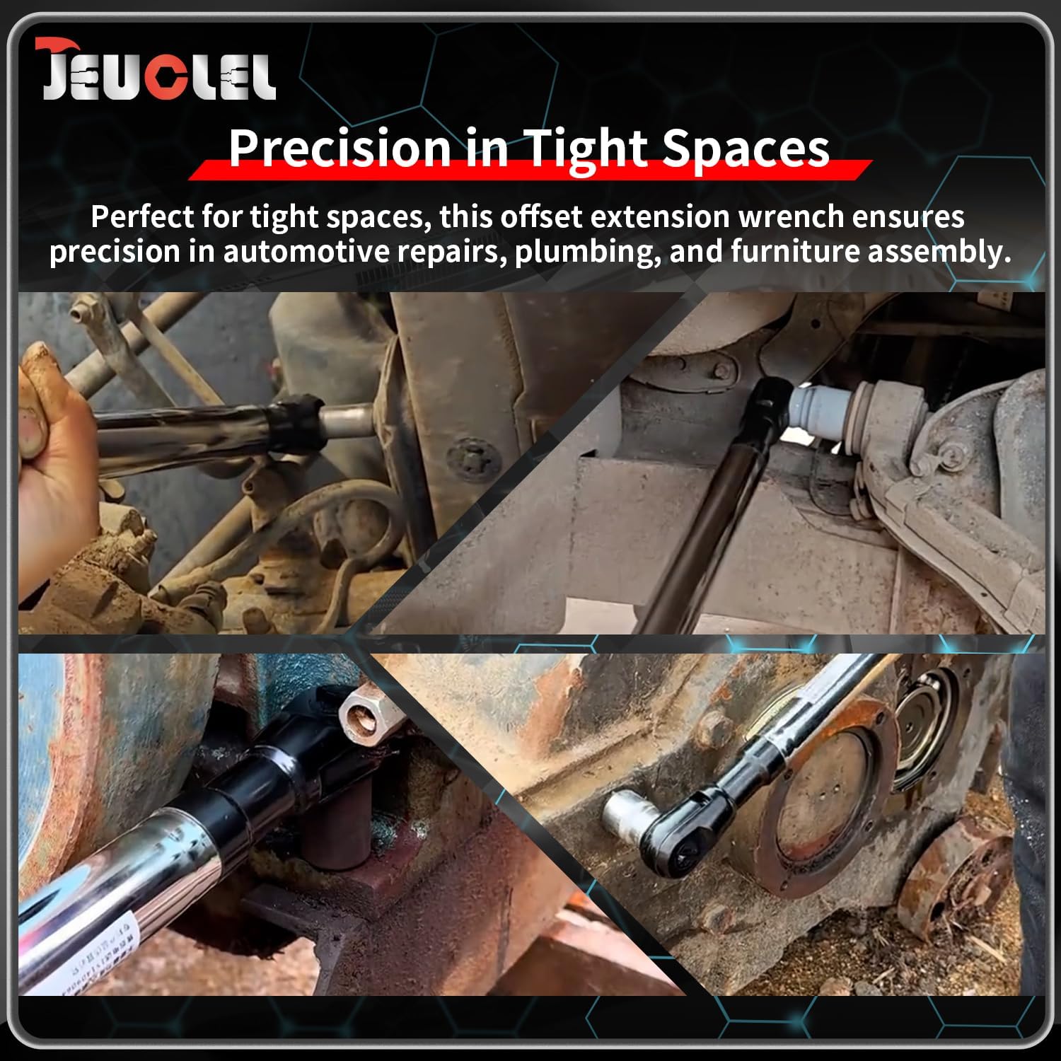 JEUCLEL offset extension wrench provides up to 74 ft-lbs manual torque for stubborn fasteners.