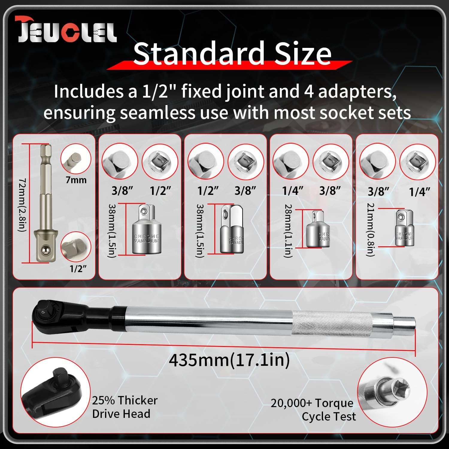 JEUCLEL offset extension wrench shows four adapters for versatile socket compatibility.