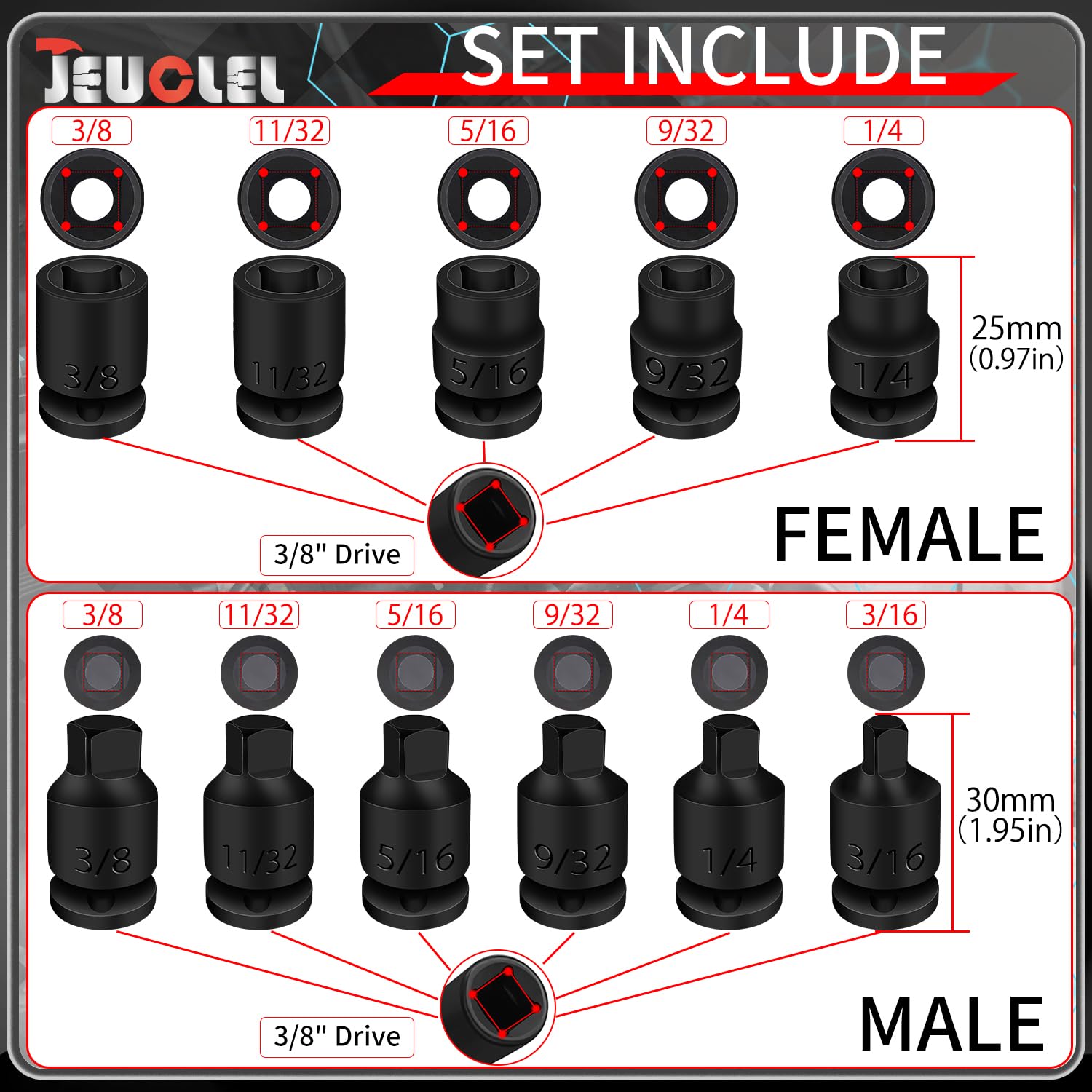 JEUCLEL tapered male square drive close-up for fast alignment