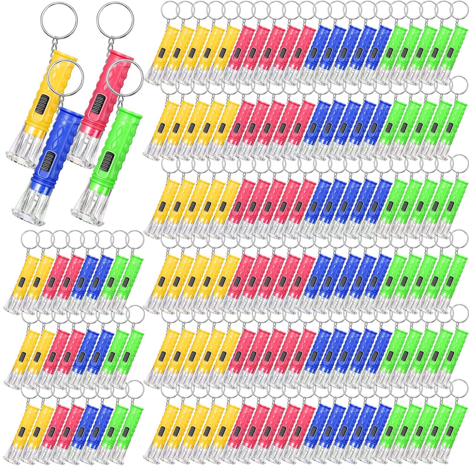Jexine 150-piece flashlight keychain set in vibrant colors, ready for gifting and everyday carry.